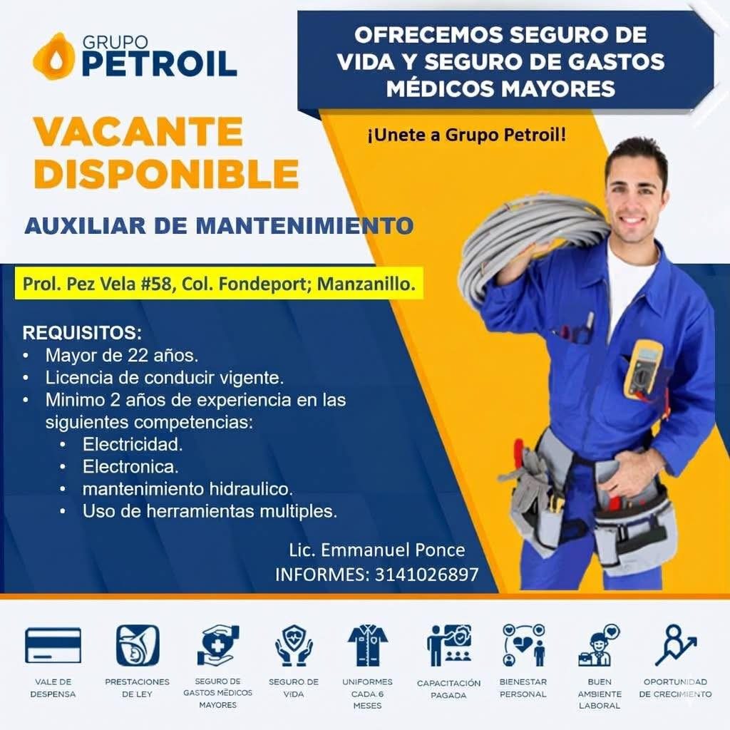 Banner del anuncio de la vacante: GRUPO · PETROIL · OFRECEMOS SEGURO DE · VIDA Y SEGURO DE GASTOS · MÉDICOS MAYORES · ¡Unete a Grupo Petroil! · VACANTE · DISPONIBLE · AUXILIA