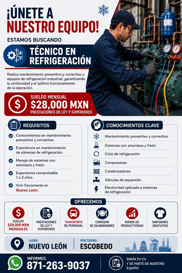 Banner del anuncio de la vacante: ¡UNETE A · NUESTRO EQUIPO! · ESTAMOS BUSCANDO · TÉCNICO EN · REFRIGERACIÓN · Realiza mantenimiento preventivo y correctivo a · equipos de re