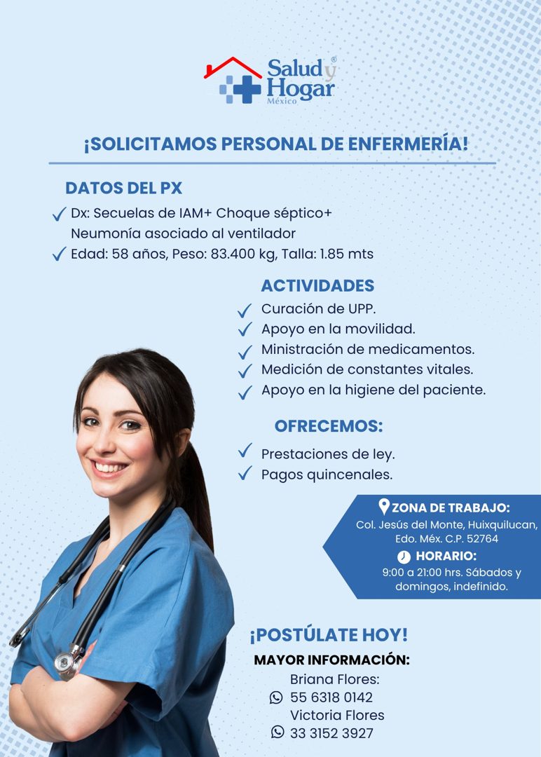 Banner del anuncio de la vacante: Salud y · F Hogar · Méxic · ¡SOLICITAMOS PERSONAL DE ENFERMERÍA! · DATOS DEL PX · v Dx: Secuelas de IAM+ Choque séptico+ · Neumonía asociado