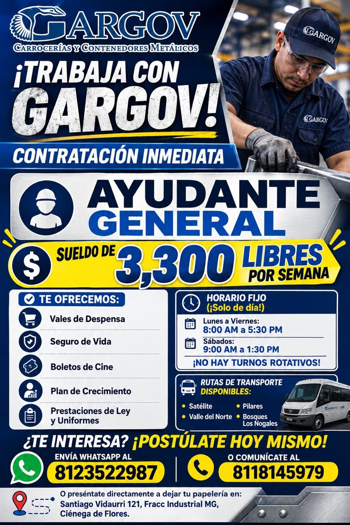 Banner del anuncio de la vacante: DARGOV · CARROCERÍAS Y CONTENEDORES METÁLICOS · ¡TRABAJA CON · GARGOV! · @GARGOV · GARGOY · CONTRATACIÓN INMEDIATA · AYUDANTE · GENERAL · $ 