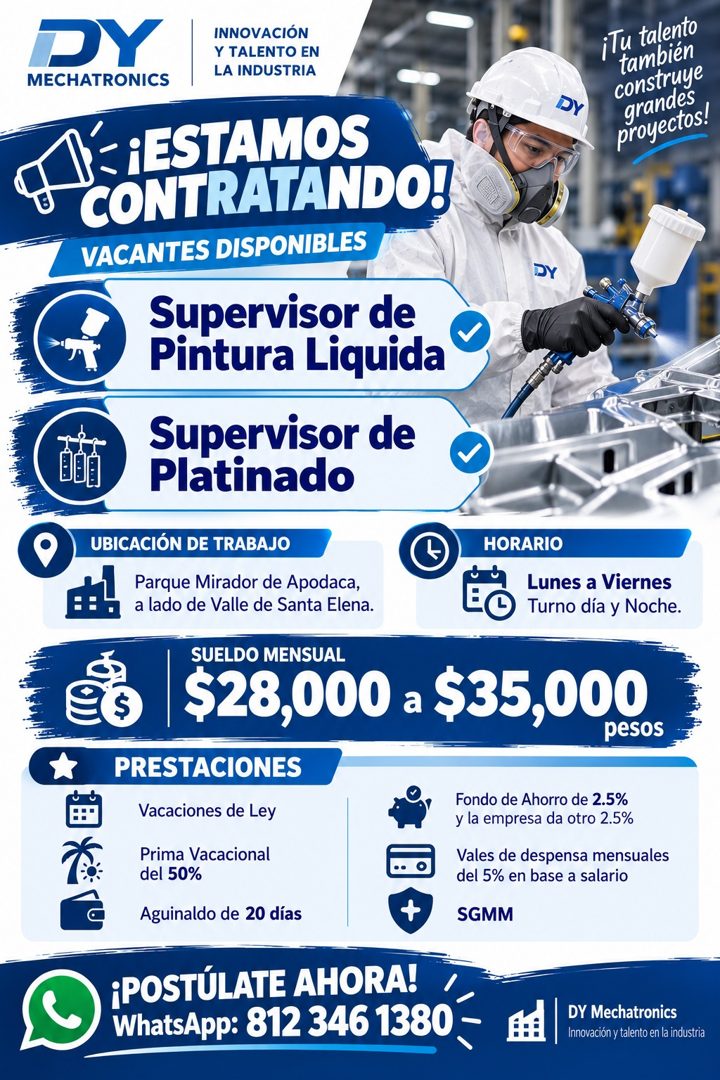 Banner del anuncio de la vacante: DY · MECHATRONICS · INNOVACIÓN · Y TALENTO EN · LA INDUSTRIA · ¡Tu talento · también · construye · grandes · proyectos! · T- ¡ESTAMOS · CONT