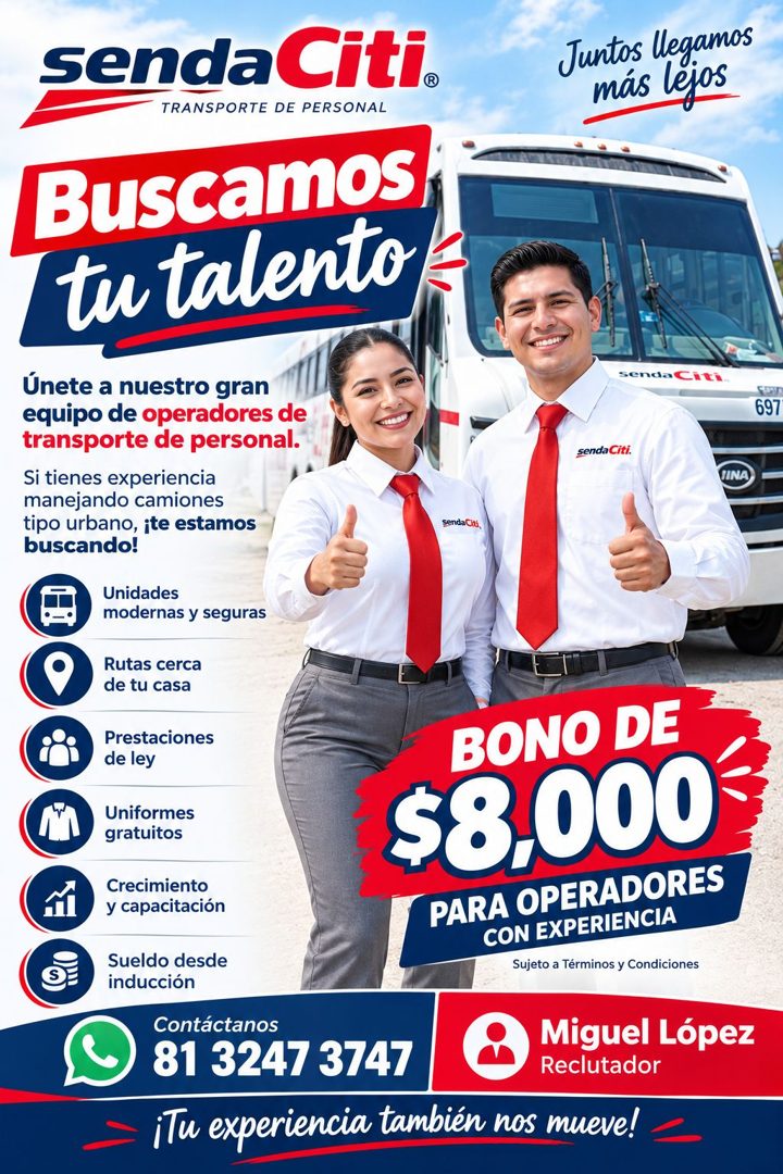 Banner del anuncio de la vacante: sendaCiti® · TRANSPORTE DE PERSONAL · Juntos legamos · más lejos · Buscamos · tu talento · Únete a nuestro gran · equipo de operadores de · 