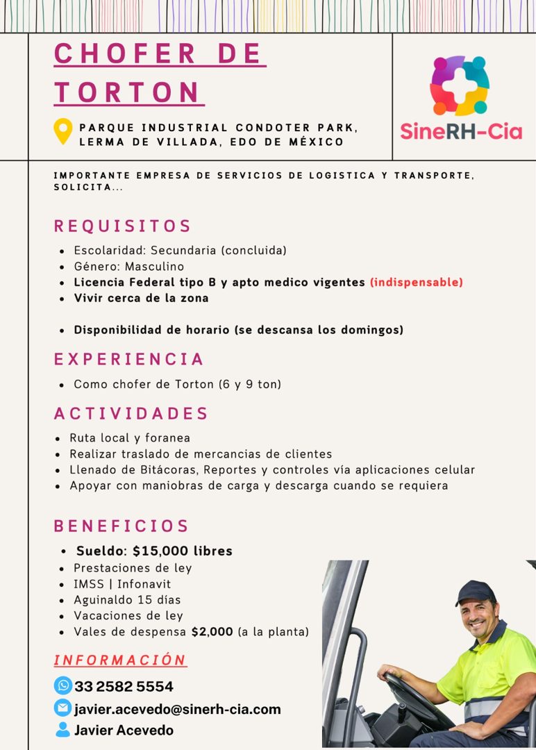 Banner del anuncio de la vacante: CHOFER DE · TORTON · PARQUE INDUSTRIAL CONDOTER PARK, · LERMA DE VILLADA, EDO DE MÉXICO · SineRH-Cia · IMPORTANTE EMPRESA DE SERVICIOS DE LO