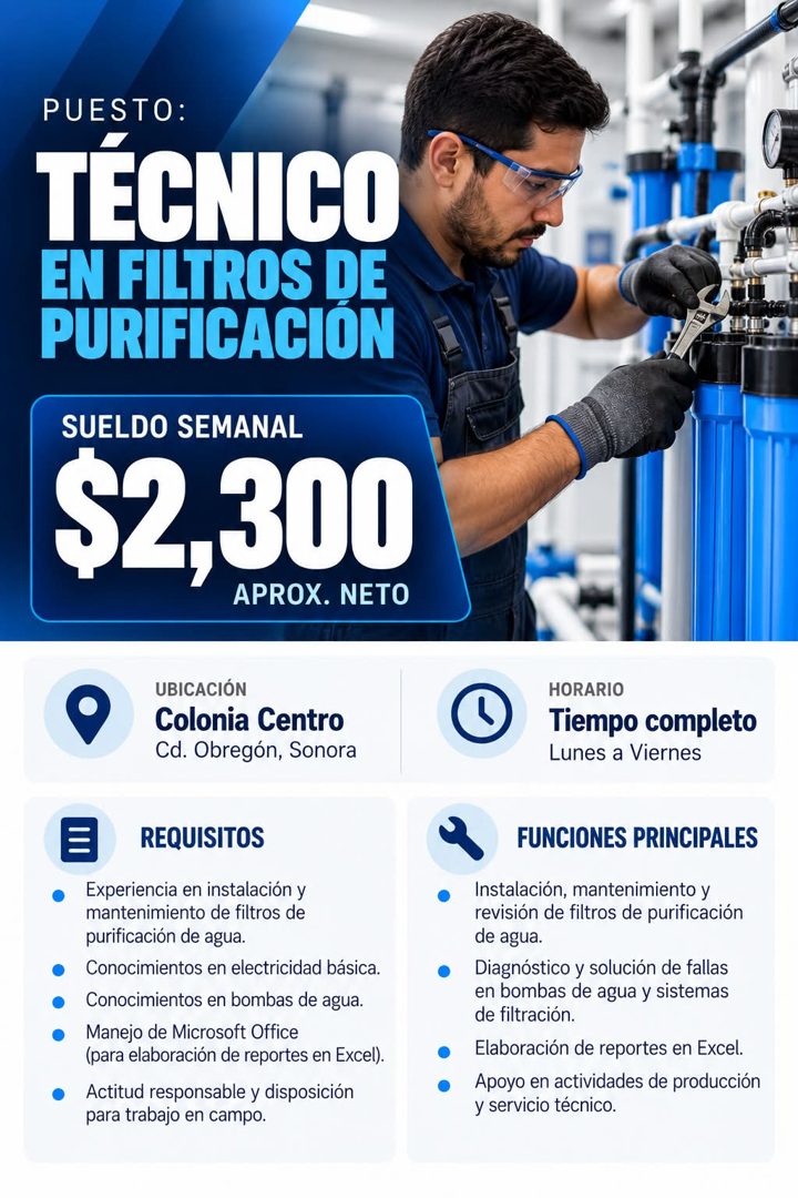 Banner del anuncio de la vacante: PUESTO: · TÉCNICO · EN FILTROS DE · PURIFICACION · SUELDO SEMANAL · $2,300 · APROX. NETO · UBICACIÓN · Colonia Centro · Cd. Obregón, Sonora 