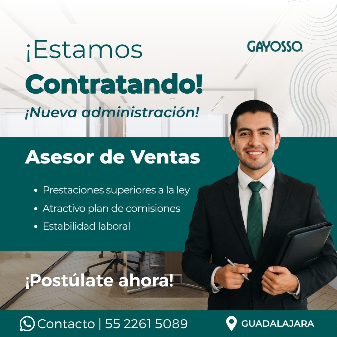 Banner del anuncio de la vacante: ¡Estamos · Contratando! · ¡Nueva administración! · Asesor de Ventas · • Prestaciones superiores a la ley · • Atractivo plan de comisiones · 