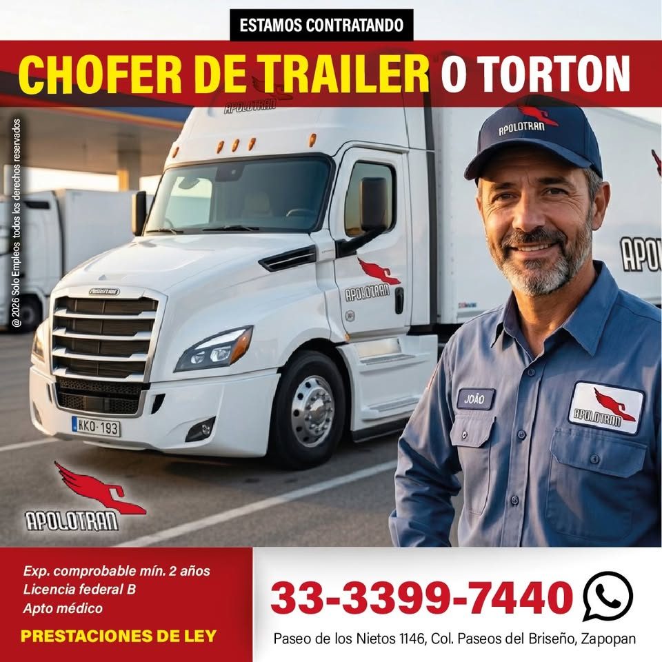 Banner del anuncio de la vacante: ESTAMOS CONTRATANDO · CHOFER DE TRAILER O TORTON · RPOLOTRAN · @ 2026 Solo Empleos todos los derechos reservados · APO · APOND · JOÀO · KKO-