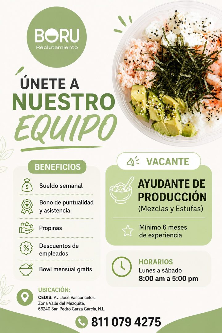 Banner del anuncio de la vacante: BORU · Reclutamiento · ÚNETE A · NUESTRO · EQUIPO · +* · BENEFICIOS · Sueldo semanal · Bono de puntualidad · y asistencia · Propinas · Descu