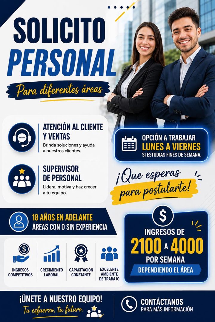 Banner del anuncio de la vacante: SOLICITO · PERSONAL · Para diferentes áreas · 000 · ATENCIÓN AL CLIENTE · Y VENTAS · Brinda soluciones y ayuda · a nuestros clientes. · SUPE
