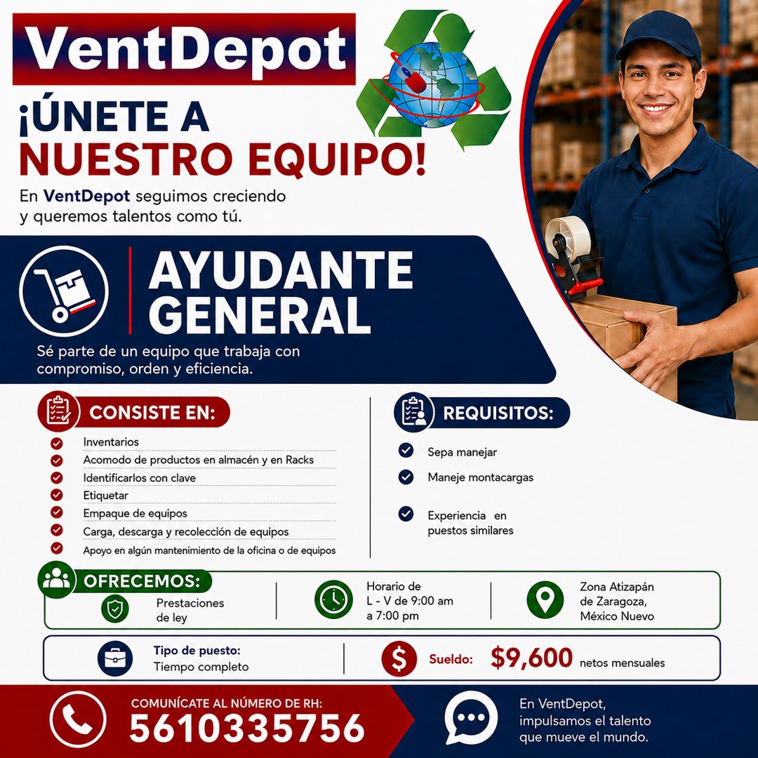 Banner del anuncio de la vacante: VentDepot · ¡UNETE A · NUESTRO EQUIPO! · En VentDepot seguimos creciendo · y queremos talentos como tú. · AYUDANTE · GENERAL · Sé parte de u