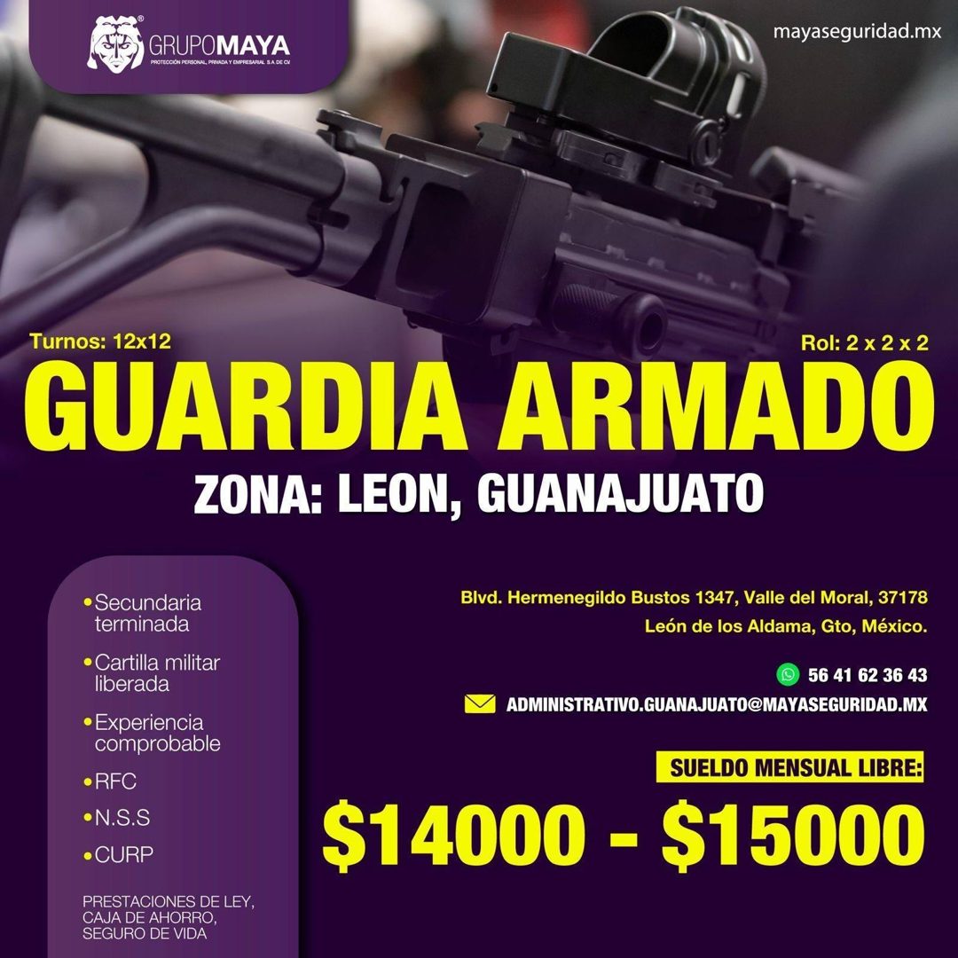 Banner del anuncio de la vacante: mayaseguridad.mx · GRUPOMAYA · PROTECCIÓN PERSONAL, PRIVADA Y EMPRESARIAL: S.A. DE CV · Turnos: 12x12 · Rol: 2 x 2 x 2 · GUARDIA ARMADO · ZO