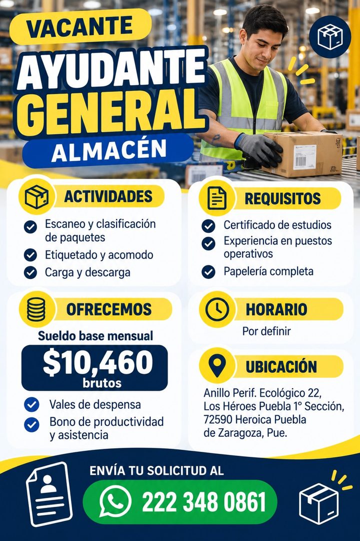 Banner del anuncio de la vacante: VACANTE · AYUDANTE · GENERAL · ALMACÉN · ACTIVIDADES · Escaneo y clasificación · de paquetes · Etiquetado y acomodo · Carga y descarga · OFR