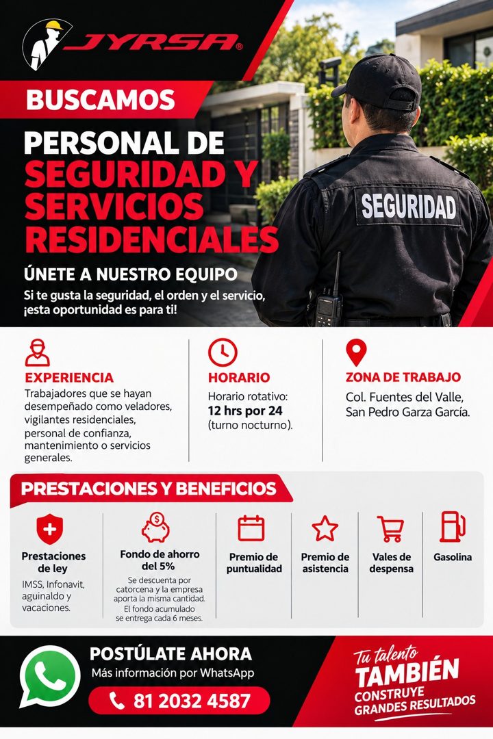 Banner del anuncio de la vacante: JYRSA® · BUSCAMOS · PERSONAL DE · SEGURIDAD Y · SERVICIOS · RESIDENCIALES · ÚNETE A NUESTRO EQUIPO · Si te gusta la seguridad, el orden y el
