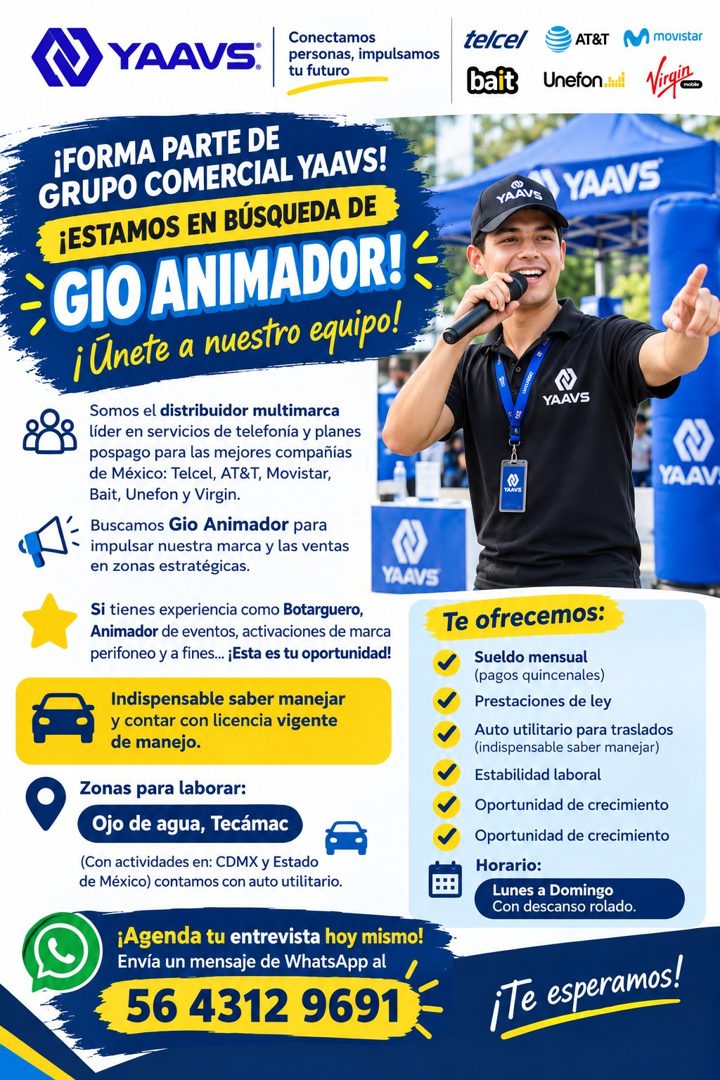 Banner del anuncio de la vacante: YAAVS: · Conectamos · personas, impulsamos · tu futuro · te/cel · bait · AT&T · M movistar · Unefon……l · ¡FORMA PARTE DE · GRUPO COMERCIAL Y