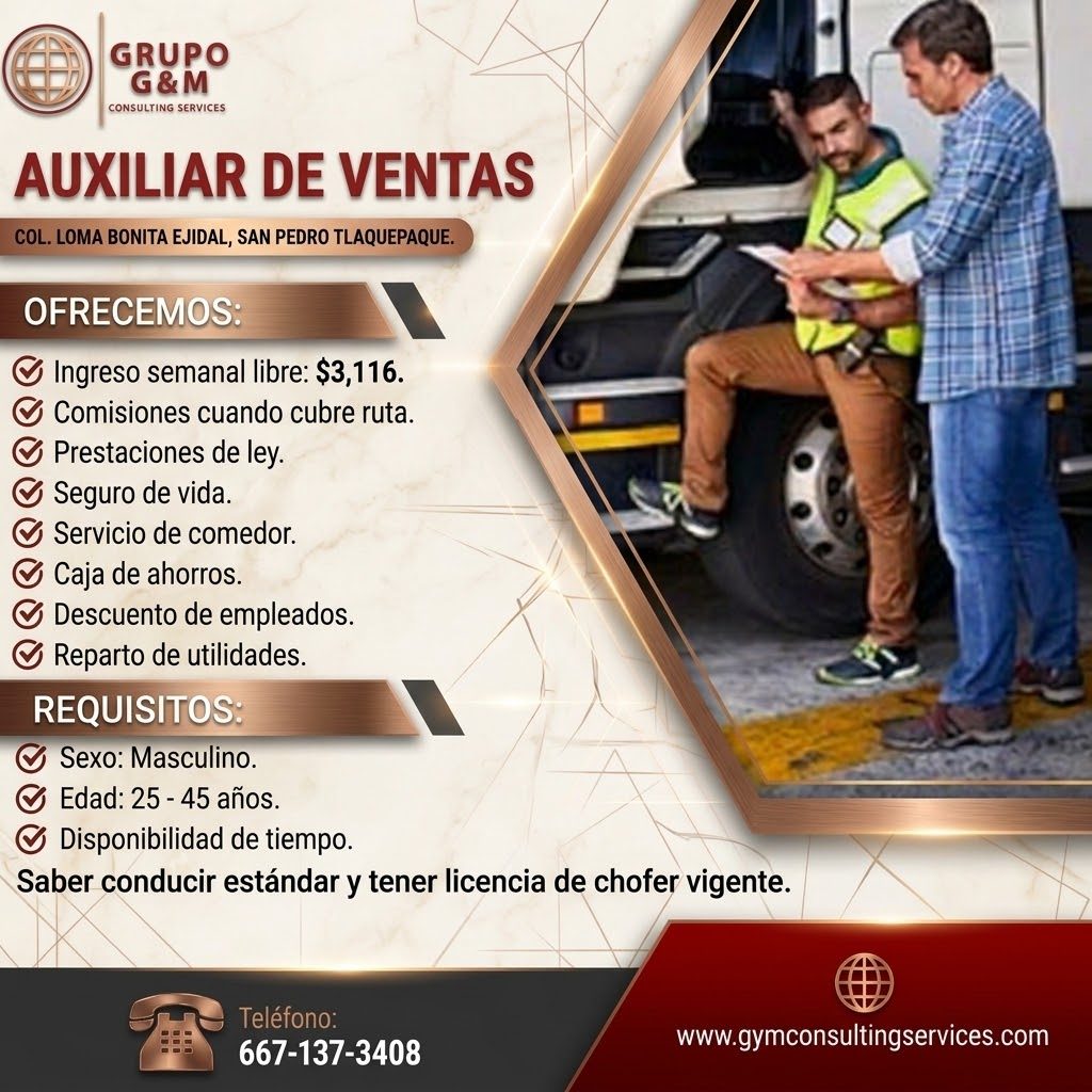 Banner del anuncio de la vacante: GRUPO · G&M · CONSULTING SERVICES · AUXILIAR DE VENTAS · COL. LOMA BONITA EJIDAL, SAN PEDRO TLAQUEPAQUE. · OFRECEMOS: · & Ingreso semanal li
