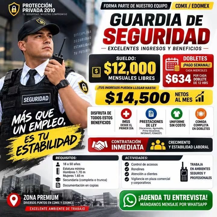 Banner del anuncio de la vacante: PROTECCIÓN · PRIVADA 2010 · TU SEGURIDAD, NUESTRO COMPROMISO · DISCIPLINA · SEGURIDAD · ESTABILIDAD · TU FUTURO · SEGURIDAD · MÁS QUE · UN E