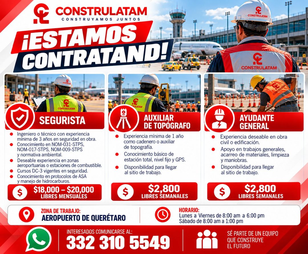 Banner del anuncio de la vacante: CONSTRULATAM · CONSTRUYAMOS JUNTOS · ¡ESTAMOS · CONTRATAND! · CONSTRULATAM · CONSTRULATAM · CONSIPLILATA? · MIOLLATAM · CONSTRULATAM · SEGUR