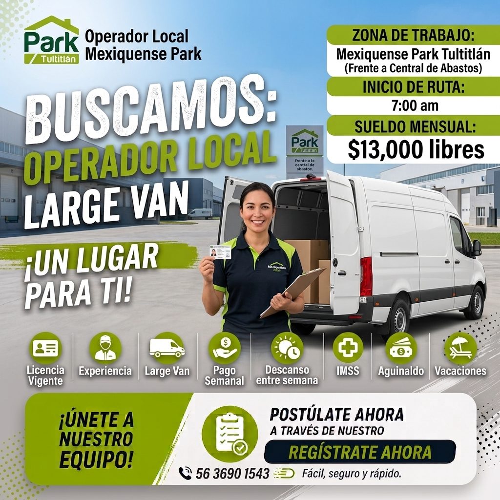Banner del anuncio de la vacante: Park · Operador Local · Tultitlán · Mexiquense Park · BUSCAMOS: · OPERADOR LOCAL · LANGLIVAN · Park · / Tullitan · frente a le · ZONA DE TRA