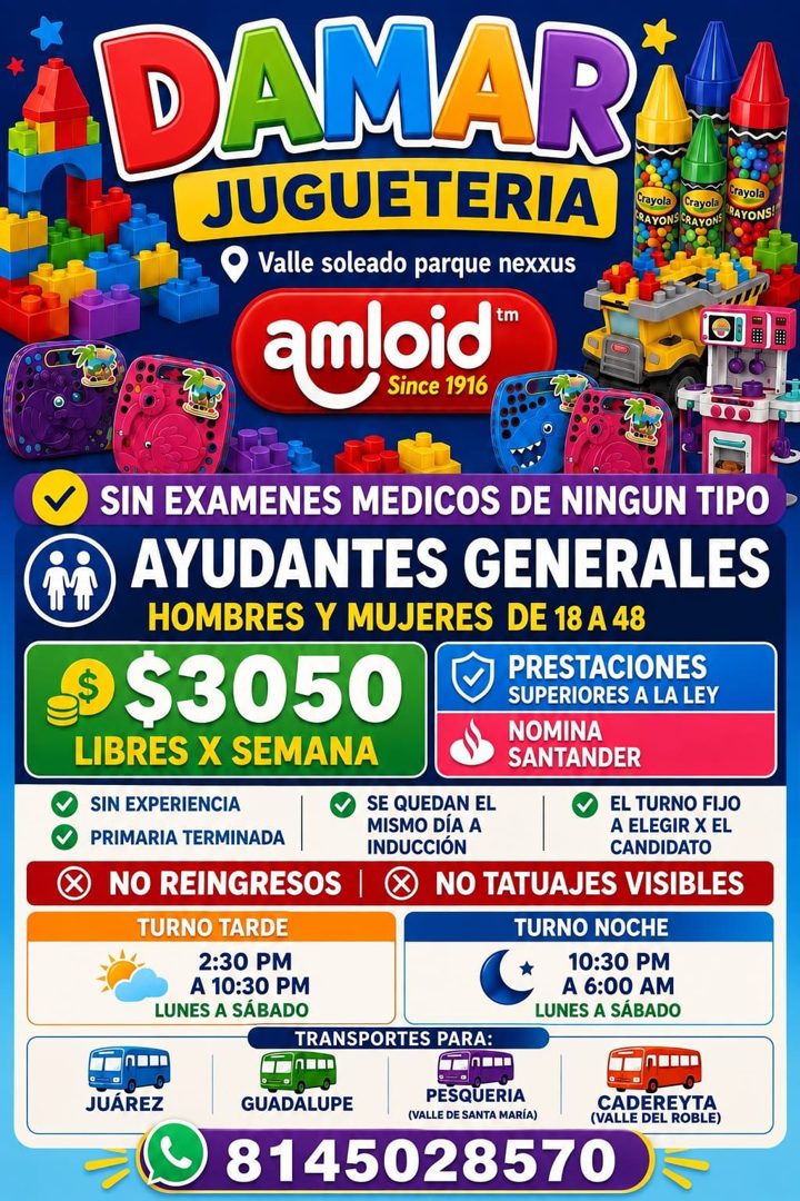 Banner del anuncio de la vacante: DAMAR · JUGUETERIA · Valle soleado parque nexxus · amloid™ · Since 1916 · Crayola · Crayola · Crayola · RAYONS CRAYONS · "RAYONS! · SIN EXAM