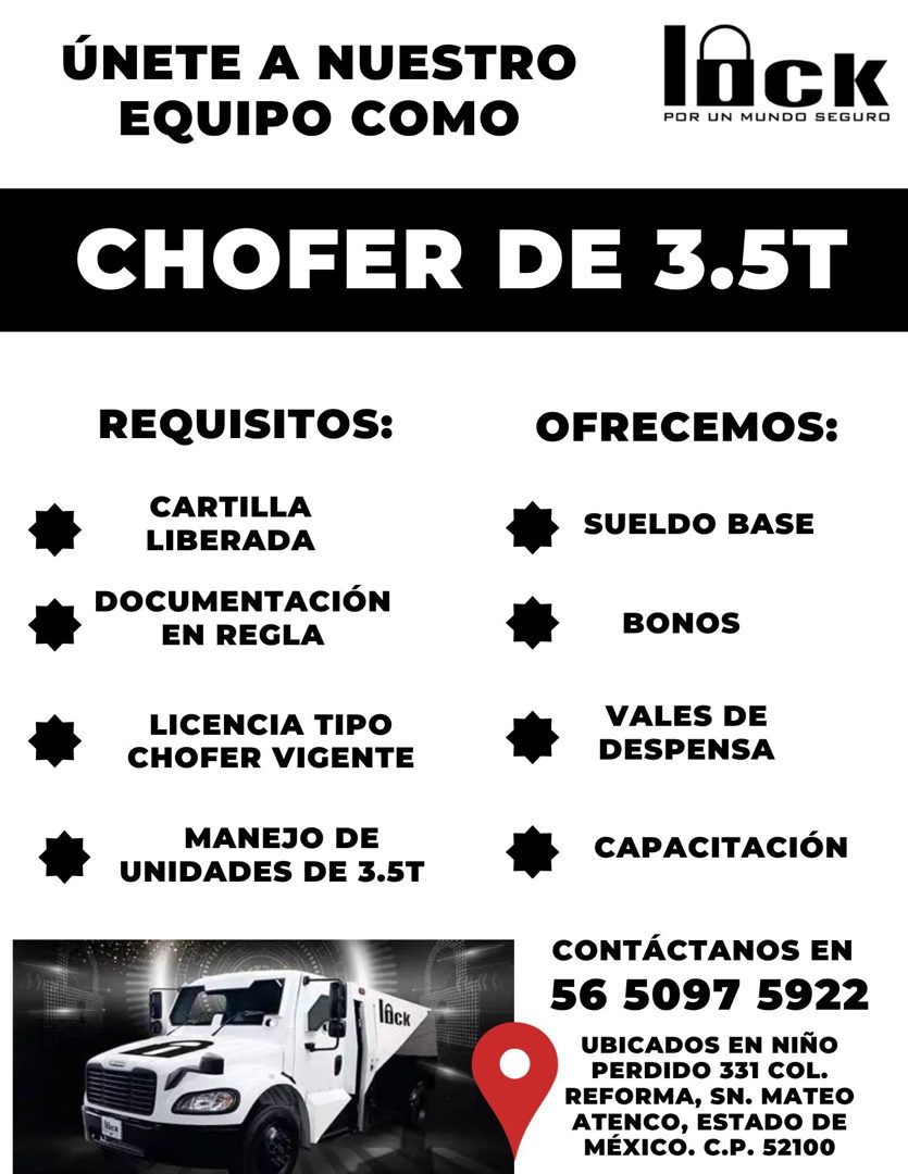 Banner del anuncio de la vacante: ÚNETE A NUESTRO · EQUIPO COMO · lAck · POR UN MUNDO SEGURO · CHOFER DE 3.5T · REQUISITOS: · CARTILLA · LIBERADA · DOCUMENTACIÓN · EN REGLA ·