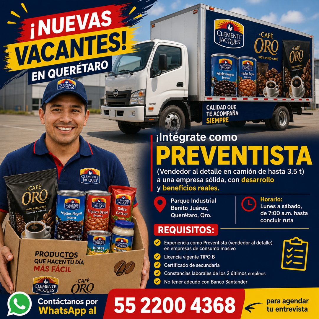 Banner del anuncio de la vacante: ¡NUEVAS · VACANTES! · EN QUERÉTARO · CLEMENTE · JACQUES · CLEMENTE · JACQUES® · *CAFÉ · ORO · 100% PURO CAFÉ · CLEMENTE · Frijoles Negros · 