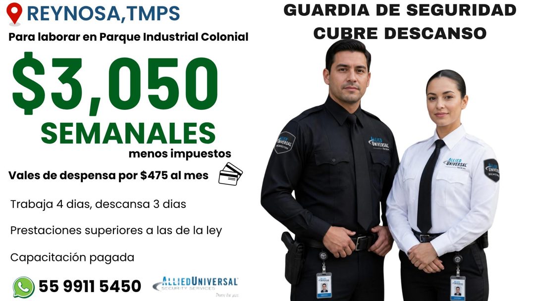 Banner del anuncio de la vacante: • REYNOSA, TMPS · Para laborar en Parque Industrial Colonial · $3,050 · SEMANALES · menos impuestos · Vales de despensa por $475 al mes · Tr