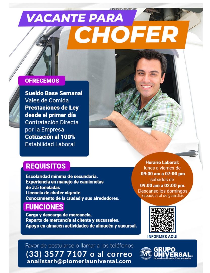 Banner del anuncio de la vacante: VACANTE PARA · CHOFER · OFRECEMOS · Sueldo Base Semanal · Vales de Comida · Prestaciones de Ley · desde el primer día · Contratación Directa