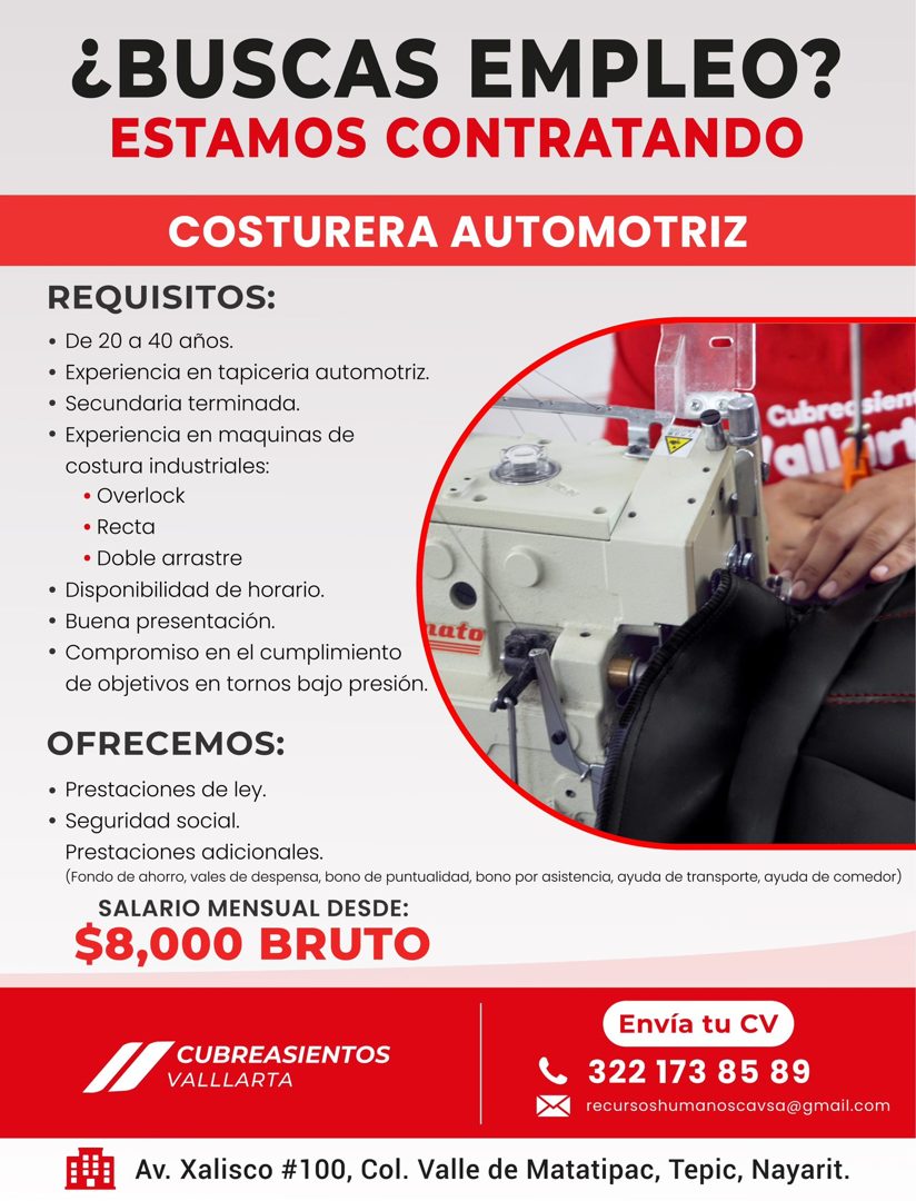 Banner del anuncio de la vacante: ¿BUSCAS EMPLEO? · ESTAMOS CONTRATANDO · COSTURERA AUTOMOTRIZ · REQUISITOS: · • De 20 a 40 años. · • Experiencia en tapiceria automotriz. · •