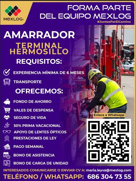 Banner del anuncio de la vacante: MEXLOG · FORMA PARTE · DEL EQUIPO MEXLOG · #JuntosPorElCamino · AMARRADOR · TERMINAL · TERMOSILLO · REQUISITOS: · EXPERIENCIA MINIMA DE 6 ME