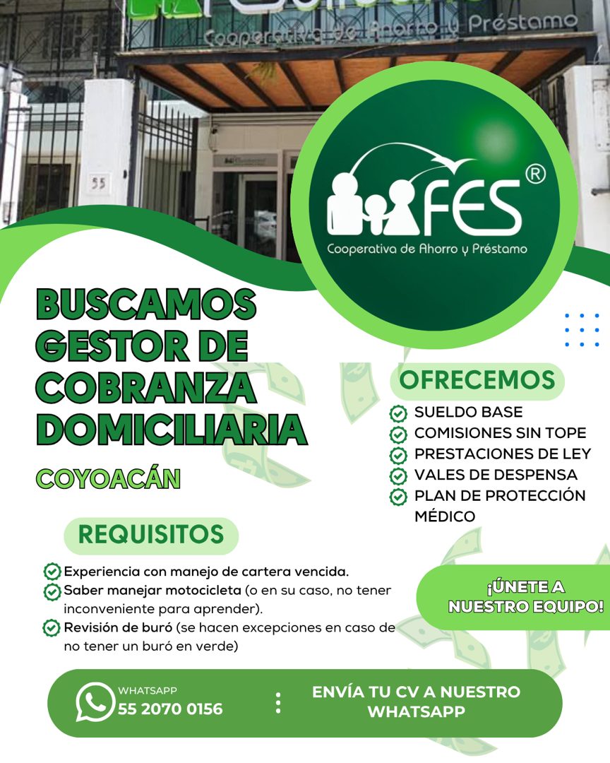 Banner del anuncio de la vacante: ro-y Prestamo · 55 · Cooperativa de Ahorro y Préstamo · BUSCAMOS · GESTOR DE · COBRANZA · DOMICILIARIA · COYOACÁN · OFRECEMOS · SUELDO BASE 