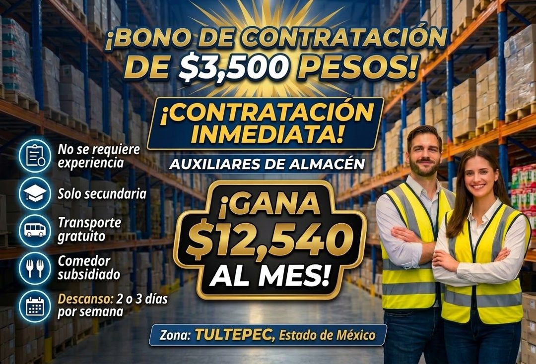 Banner del anuncio de la vacante: No se requiere · experiencia · Solo secundaria · Transporte · gratuito · Comedor · subsidiado · Descanso: 2 o 3 días · por semana · ¡BONO DE