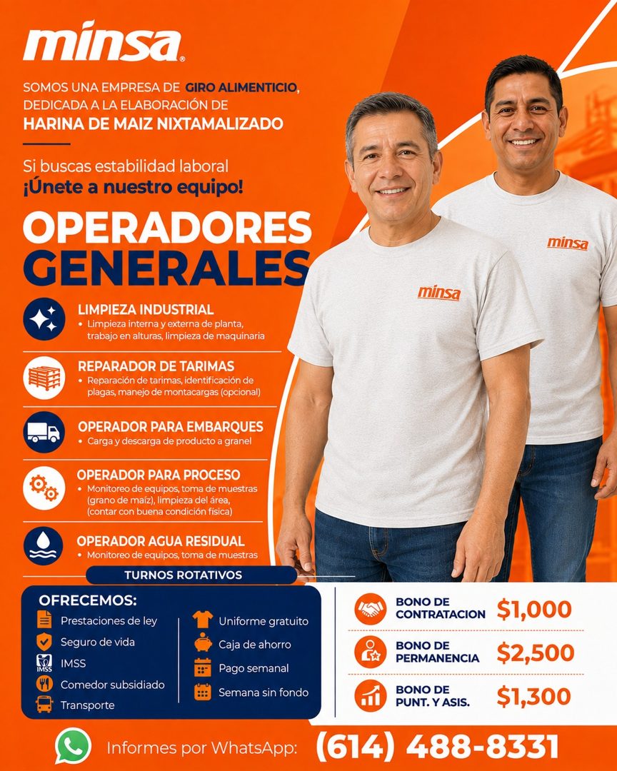 Banner del anuncio de la vacante: minsa® · SOMOS UNA EMPRESA DE GIRO ALIMENTICIO, · DEDICADA A LA ELABORACIÓN DE · HARINA DE MAIZ NIXTAMALIZADO · Si buscas estabilidad labora