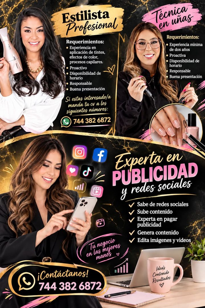 Banner del anuncio de la vacante: Estilista · Profesional · Requerimientos: · • Experiencia en · aplicación de tintes, · efectos de color, · procesos capilares. · • Proactivo