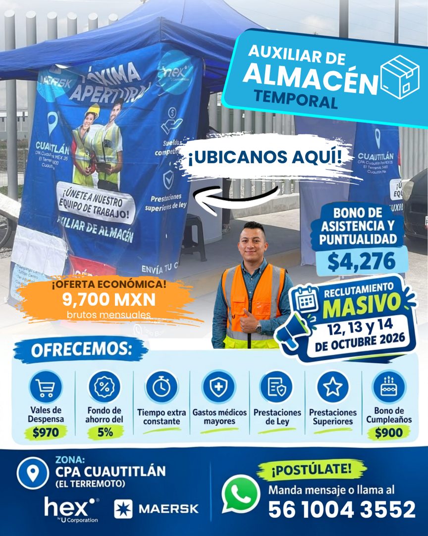 Banner del anuncio de la vacante: 147R5K DOVIMA · APERTO? · AUXILIAR DE · ALMACÉN · TEMPORAL · CUATLÁN · CON QUOUHE MEX 35 · El Terren c300 · ¡ÚNETE A NUESTRO · EQUIPO DE TRA