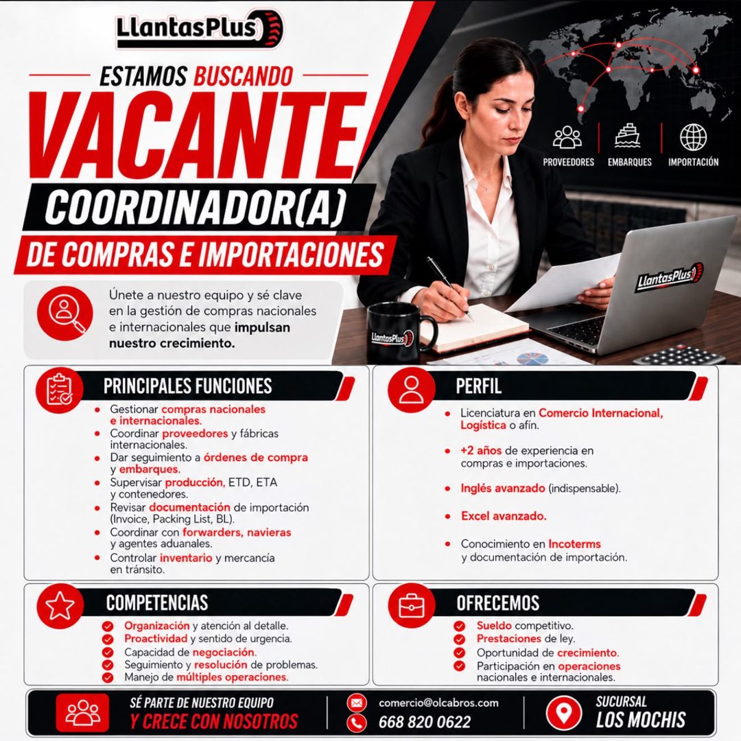 Banner del anuncio de la vacante: LlantasPlusi · ESTAMOS BUSCANDO · VACANTE · COORDINADOR(A) · DE COMPRAS E IMPORTACIONES · Únete a nuestro equipo y sé clave · en la gestión 