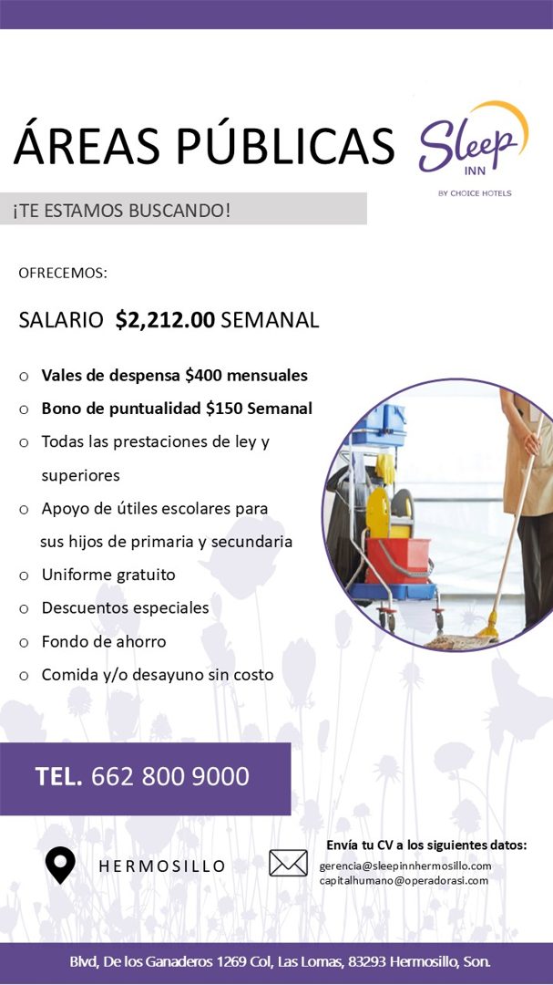 Banner del anuncio de la vacante: ÁREAS PÚBLICAS Sleep · BY CHOICE HOTELS · ¡TE ESTAMOS BUSCANDO! · OFRECEMOS: · SALARIO $2,212.00 SEMANAL · • Vales de despensa $400 mensuale