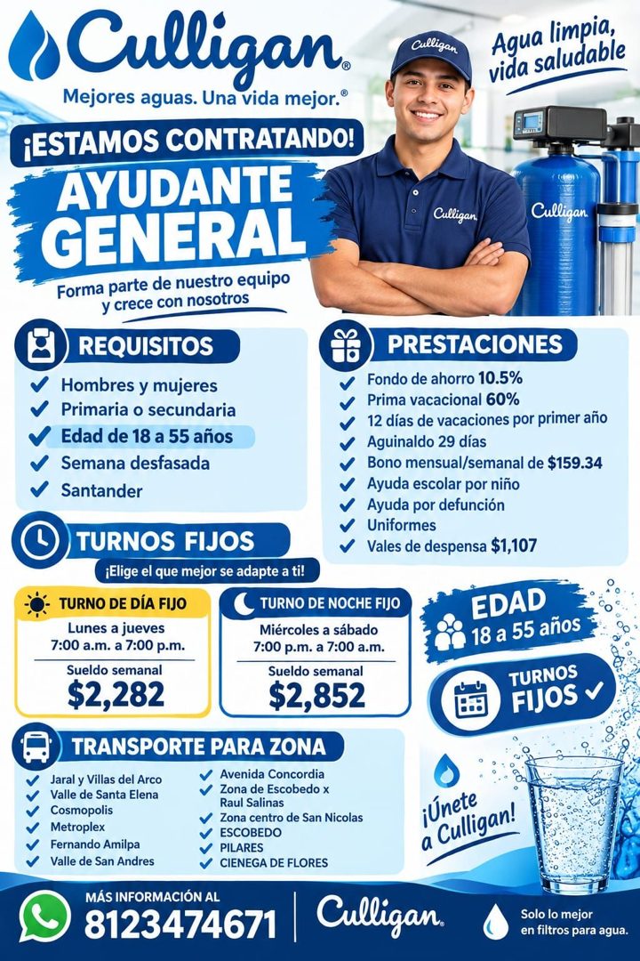 Banner del anuncio de la vacante: •Culligan. · Mejores aguas. Una vida mejor.® · Cullizan · Agua limpia, · vida saludable · ¡ESTAMOS CONTRATANDO! · AYUDANTE · GENERAL · Forma