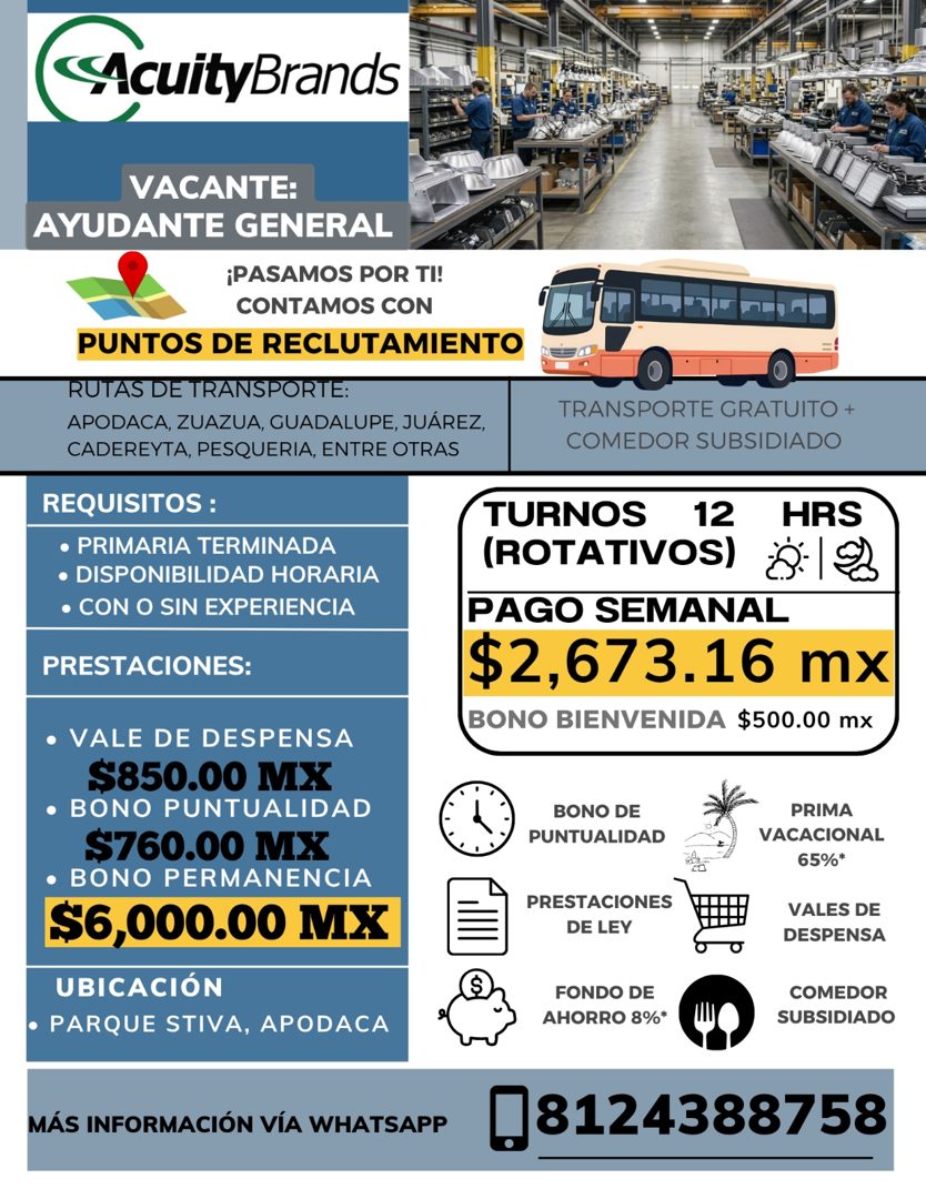 Banner del anuncio de la vacante: AcuityBrands · VACANTE: · AYUDANTE GENERAL · ¡PASAMOS POR TI! · CONTAMOS CON · PUNTOS DE RECLUTAMIENTO · RUTAS DE TRANSPORTE: · APODACA, ZUA