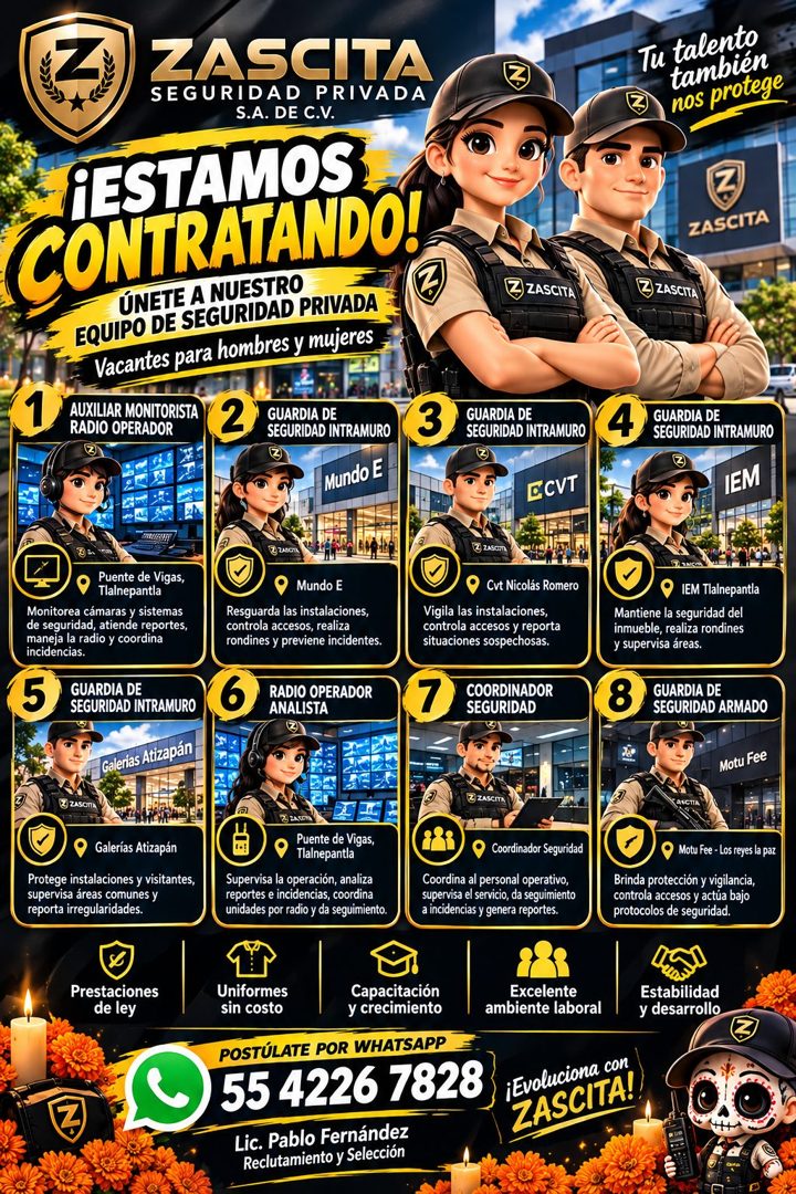 Banner del anuncio de la vacante: ZASCITA · SEGURIDAD PRIVADA · S.A. DE C.V. · ¡ESTAMOS · CONTRATANDO! · ÚNETE A NUESTRO · EQUIPO DE SEGURIDAD PRIVADA · Vacantes para hombres