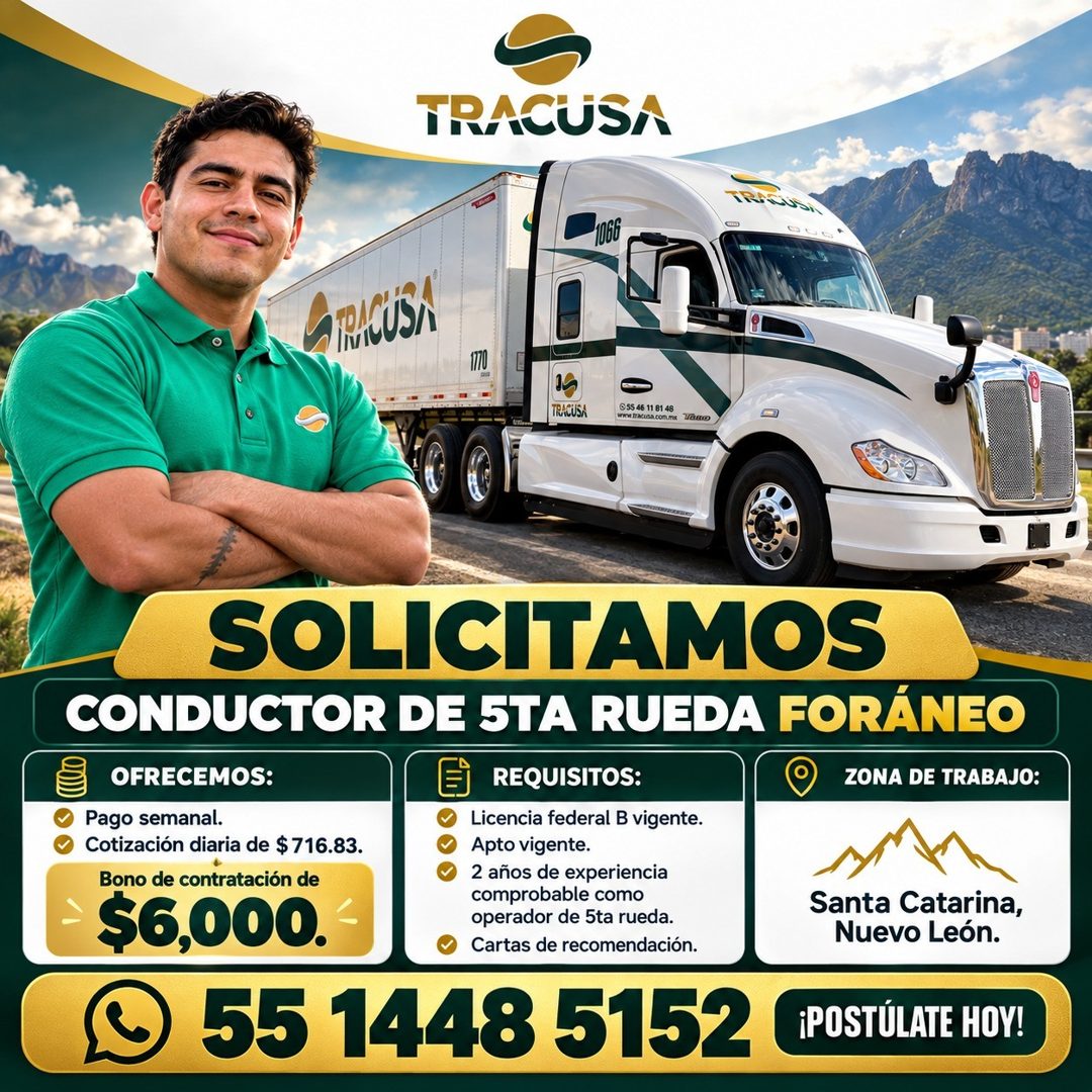 Banner del anuncio de la vacante: TRACUSA · TRI CUAN · 1066 · TRICUSA · 1770 · TRACUSA · @SS 46 11 81 48 · SOLICITAMOS · CONDUCTOR DE 5TA RUEDA FORÁNEO · OFRECEMOS: · Pago se