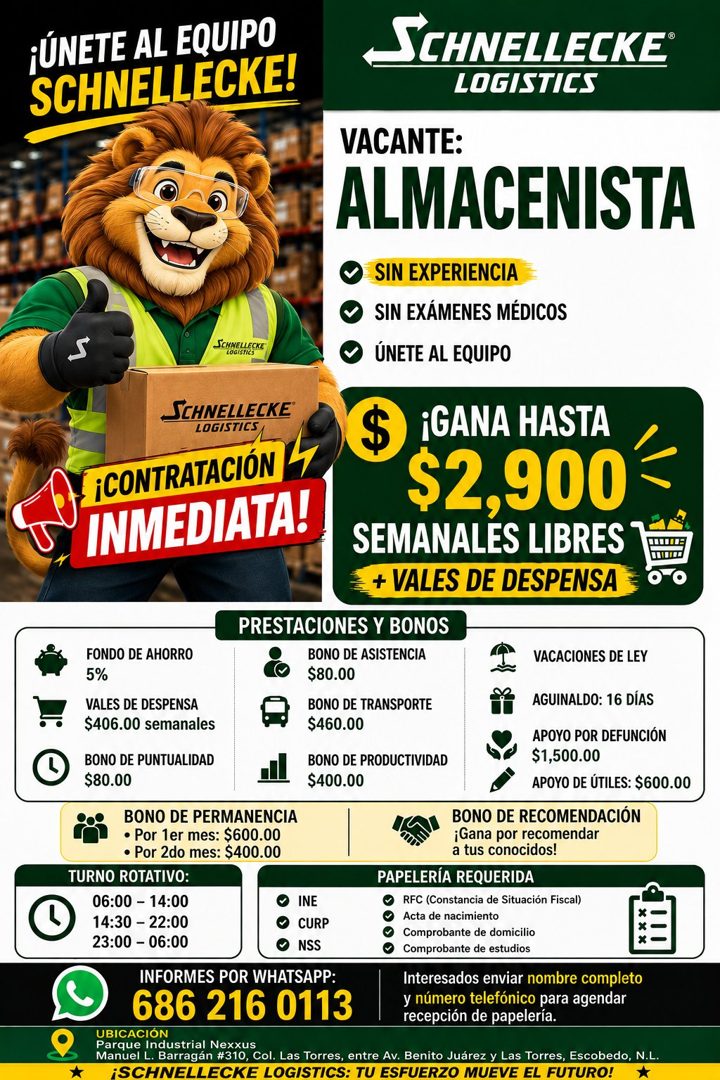 Banner del anuncio de la vacante: ¡ÚNETE AL EQUIPO · SCHNELLECKE! · SCHNELLECKE® · LOGISTICS · ¡CONTRATACIÓN · INMEDIATA! · SCHNELLECKE® · LOGISTICS · VACANTE: · ALMACENISTA 