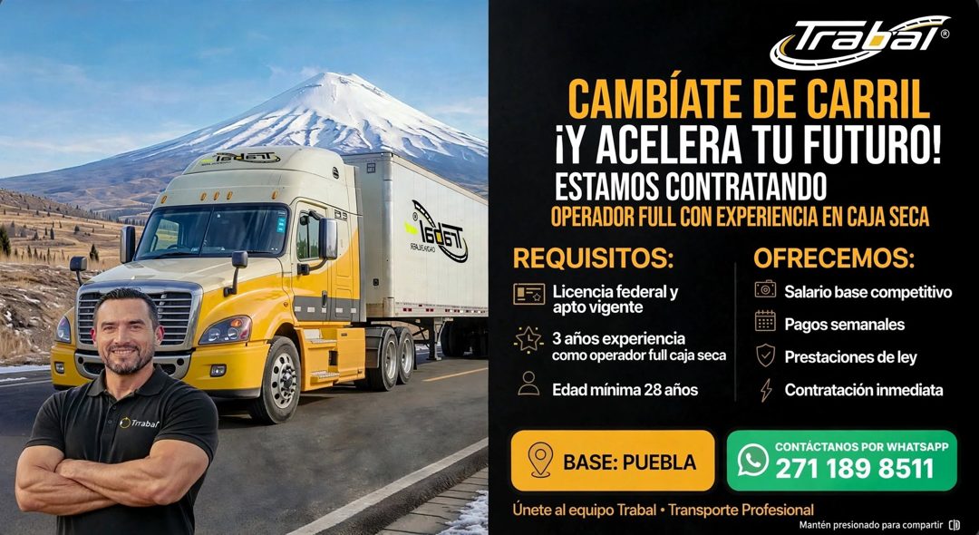 Banner del anuncio de la vacante: Trabar · RRAUFUACHO · 16d6T · Trabat® · CAMBÍATE DE CARRIL · ¡Y ACELERA TU FUTURO! · ESTAMOS CONTRATANDO · OPERADOR FULL CON EXPERIENCIA EN 