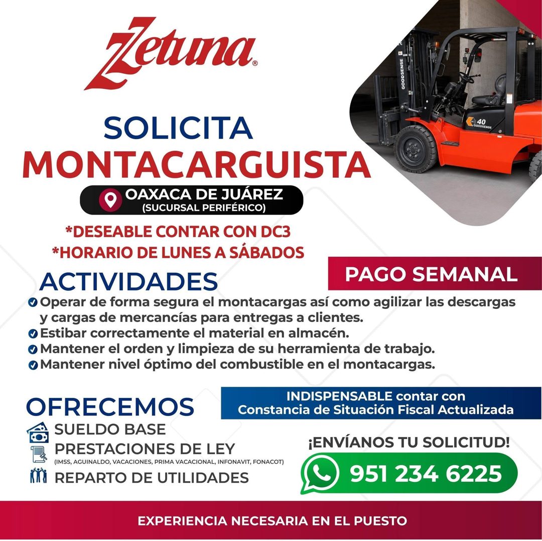 Banner del anuncio de la vacante: Zetuma · GOODSENSE · SOLICITA · 40 · GOODSENSE · MONTACARGUISTA · OAXACA DE JUÁREZ · (SUCURSAL PERIFÉRICO) · *DESEABLE CONTAR CON DC3 · *HOR