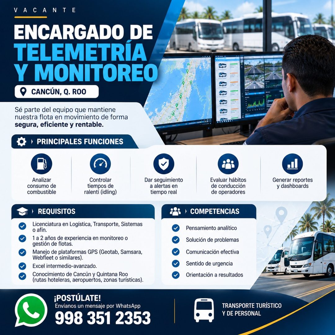 Banner del anuncio de la vacante: VA CANTE · ENCARGADO DE · TELEMETRIA · Y MONITOREO · CANCÚN, Q. ROO · Sé parte del equipo que mantiene · nuestra flota en movimiento de form