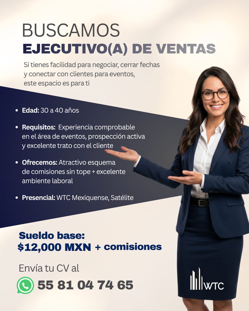 Banner del anuncio de la vacante: BUSCAMOS · EJECUTIVO(A) DE VENTAS · Si tienes facilidad para negociar, cerrar fechas · y conectar con clientes para eventos, · este espacio 