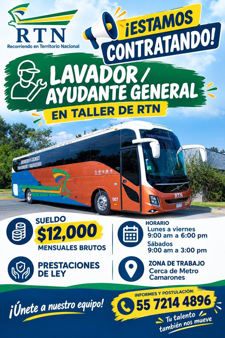 Banner del anuncio de la vacante: RTN · Recorriendo en Territorio Nacional · ¡ESTAMOS · CONTRATANDO! · LAVADOR / · AYUDANTE GENERAL · EN TALLER DE RTN · JTERBTTBRISSSSRJISI ·