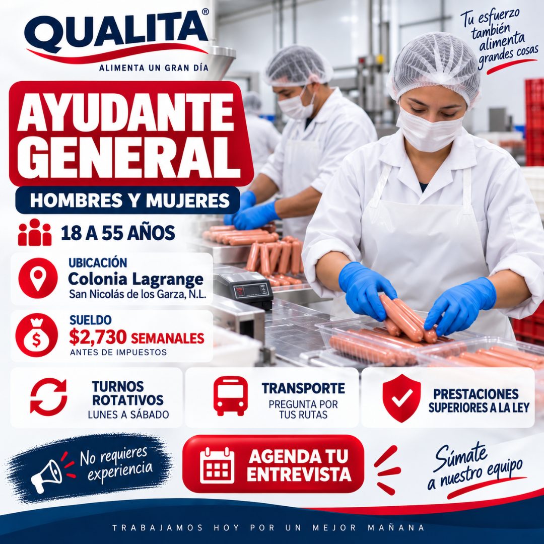 Banner del anuncio de la vacante: QUALITA® · ALIMENTA UN GRAN DÍA · AYUDANTE · GENERAL · HOMBRES Y MUJERES · iii 18 A 55 AÑOS · UBICACIÓN · Colonia Lagrange · San Nicolás de 