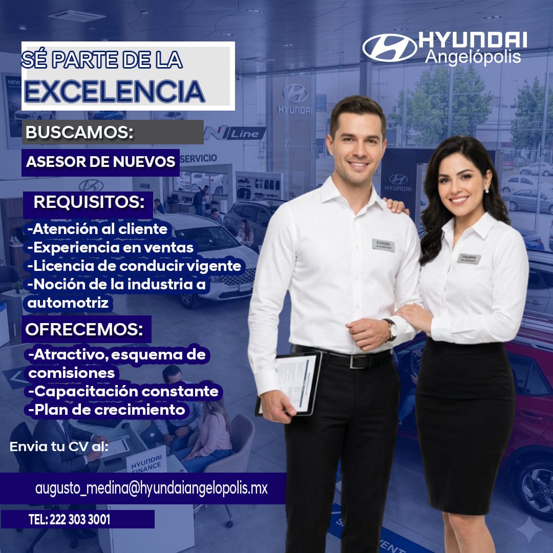 Banner del anuncio de la vacante: SÉ PARTE DE LA · EXCELENCIA · BUSCAMOS: · ASESOR DE NUEVOS · SERVICIO · Line · REQUISITOS: · -Atención al cliente · -Experiencia en ventas ·