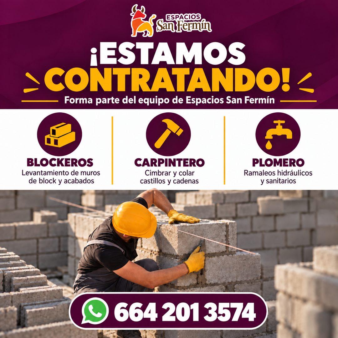 Banner del anuncio de la vacante: ESPACIOS · San termin · ¡ESTAMOS · - CONTRATANDO! < · Forma parte del equipo de Espacios San Fermín · BLOCKEROS · Levantamiento de muros · d