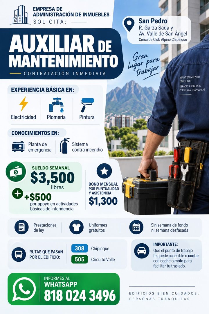 Banner del anuncio de la vacante: EMPRESA DE · ADMINISTRACIÓN DE INMUEBLES · SOLICITA: · AUXILIAR DE · MANTENIMIENTO · CONTRATACIÓN INMEDIATA · EXPERIENCIA BÁSICA EN: · Elect