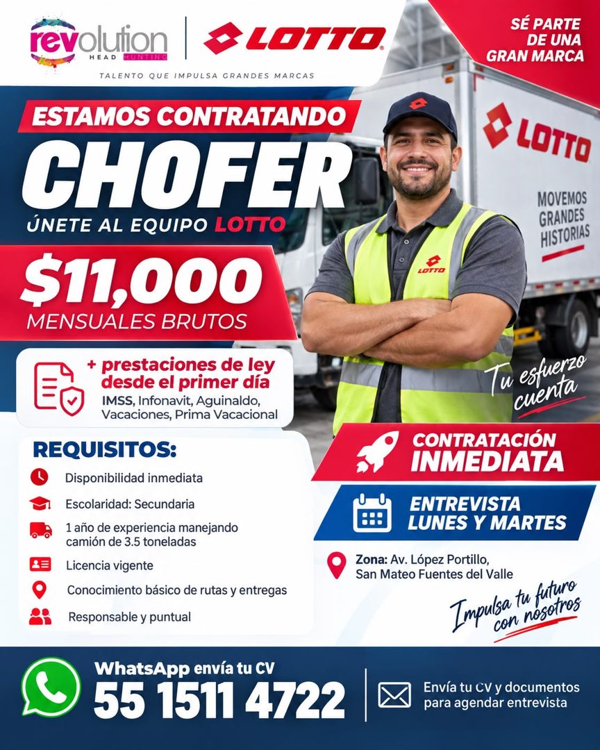 Banner del anuncio de la vacante: revolution · HEAD · NIG · -LOTTO. · TALENTO QUE IMPULSA GRANDES MARCAS · ESTAMOS CONTRATANDO · CHOFER · ÚNETE AL EQUIPO LOTTO · $11,000 · ME